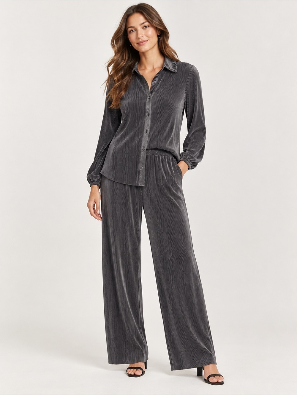 RO&DE Charcoal Plisse 2 Piece Set Button Front Top Wide Leg Pants S